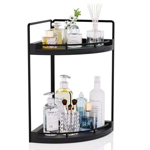 Image of Corner Bathroom Counter Organizer, 2 Tier Wood Vanity Storage, Waterproof Skincare Shelf for Kitchen & Toiletries Decor, Dresser (Black-2 Tier)