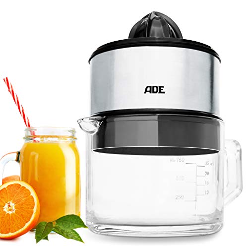 ADE Presse-agrumes électrique | avec carafe en verre, capacité 1 litre | pour oranges, citrons | 2 cônes | moteur rapide 60 watt | facile à nettoyer | sans BPA | démarrage-arrêt automatique