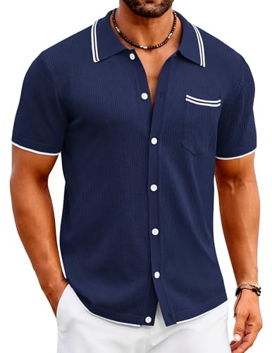 COOFANDY Men's Casual Button Down Shirts Short Sleeve Knit Polo Shirts Summer Beach Tops Navy Blue