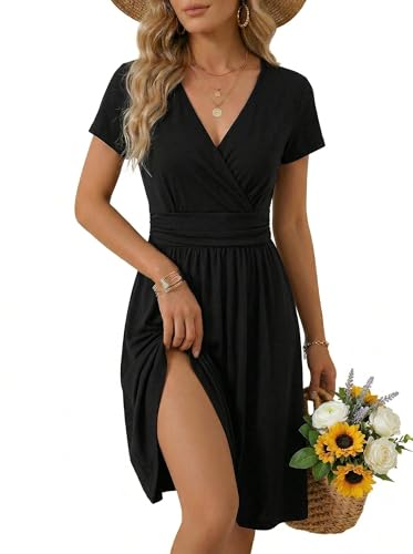 OUGES Women's Summer Short Sleeve V-Neck Floral Casual Ladies Dress with Pockets(Black,M)