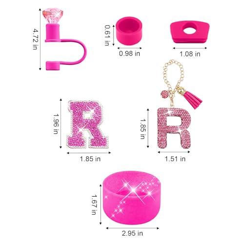 Hpebl 6PCS Hot Pink for Stanley Cup Accessories Set 30/40 OZ Bling Rhinestone Initials Charms for Stanley Decorations Tumbler Accessories Including Diamond Straw Topper, Spill Stopper（Letter T） - image 3