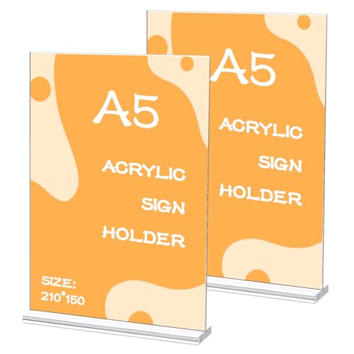 Set di 2 Supporti da Tavolo A5 in Acrilico – Supporto a T Doppio Lato Verticale – Ideali per Ristoranti, Caffetterie, Uffici, Opuscoli e Menu, Espositore da Tavolo (21 x 14,8 cm)