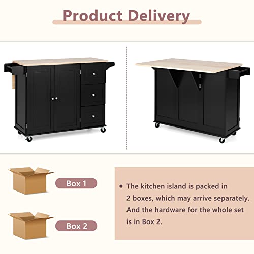 TANGZON Large Mobile Kitchen Island, Kitchen Storage Trolley with Expandable Wooden Worktop, Adjustable Shelves, 3 Drawers & Side Handles, Portable Utility Serving Cart for Dining Room (Black) - Image 8
