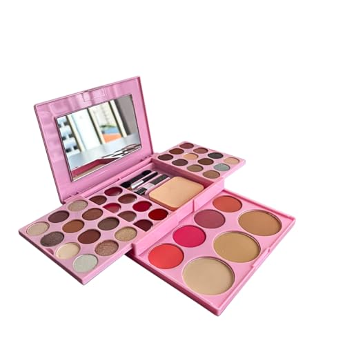 Kit de Maquiagem Completo 42 Itens, 24 Sombras, 8 Batons, 3 Pincéis, Espelho, Estojo Rosa