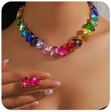 Octwine Women Bride Silver Colorful Rhinestones Necklace Earrings Set Wedding Rhinestone Necklace Dangle Earrings Sets for Brides Bridesmaid Pink Crystal Prom Party Accessories for Women image 2