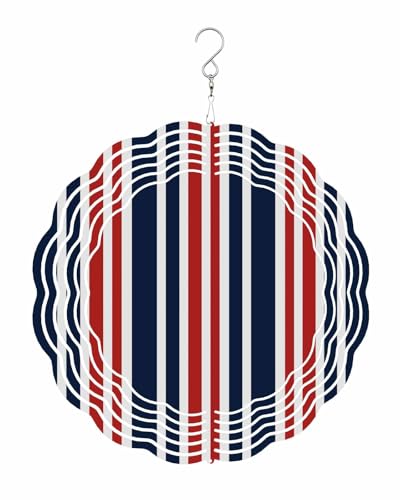 Retro Wind Spinners, Dark Blue Red Stripes Hanging Wind Spinners for Yard and Garden 3D Stainless Steel Metal Sculptures Crafts Ornaments 10 Inch