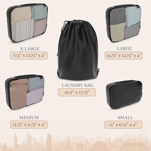 Image of 5 Set Packing Cubes - Travel Organizers With Laundry Bag, Air Black | Suitcase Organizer Bags Set: 4 Water-Resistant Luggage Cubes, XL to Small, + Laundry Bag for Carry-On or Checked
