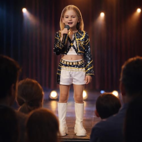 Image of Wanna Party Korean Pop Inspired Black & White Kids Costume, Size S, 3 Pcs Shimmery Stage Outfit with Jacket, Top & Shorts for Birthday Party, Dance Performance, Fancy Dress & Theme Event