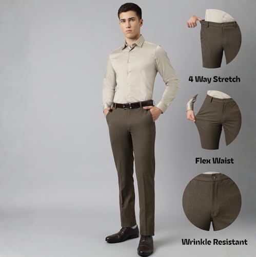 Image of SUBTRACT Men 4 Way Stretch Wrinkle Free Slim Fit Formal Trouser in with 2 Inch Flexible Waistband | Men's Trousers for Office Or Party