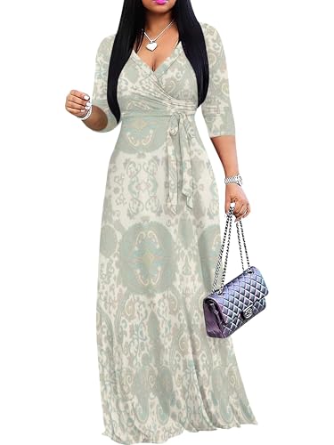 Image of Women's V Neck Floral Maxi Dress 3 /4 Sleeve Plus Size Boho Wrap Flowy Long Dresses with Belt