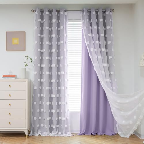 Image of MYSKY HOME Light Blocking Lilac Curtains White Sheer Pom Pom Kids Room Decor Drapes for Living Room 95 Inches Long Double Layer Curtains for Sliding Door Grommet Window Panels Set of 2 52 inch x 95 inch