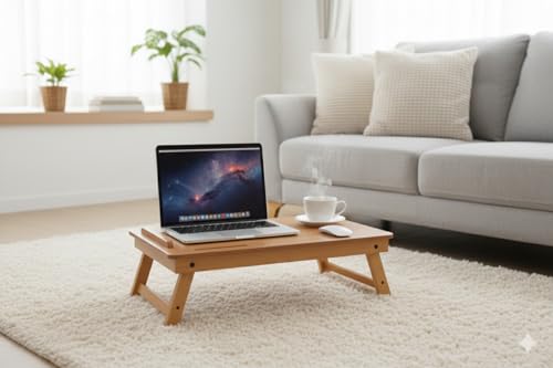 Image of Foldable Wooden Laptop Table for Bed & Sofa | Adjustable Laptop Desk with Tilt Top Cup Slot Drawer | Ergonomic Study Work Table for Home Office Reading Writing Use