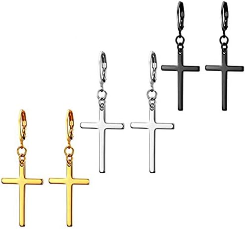 VPACC Cross Earrings for Men Women Dangle Hoop Dangling Hanging Dangly Drop Crosses Earingings Steel Stainless Gold Black Silver 3 Pairs Sets