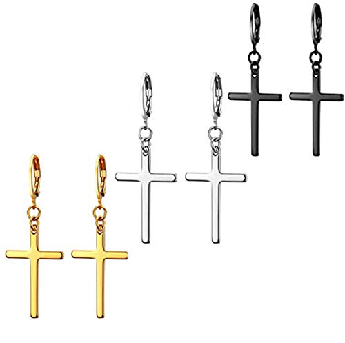 VPACC Cross Earrings for Men Women Dangle Hoop Dangling Hanging Dangly Drop Crosses Earingings Steel Stainless Gold Black Silver 3 Pairs Sets