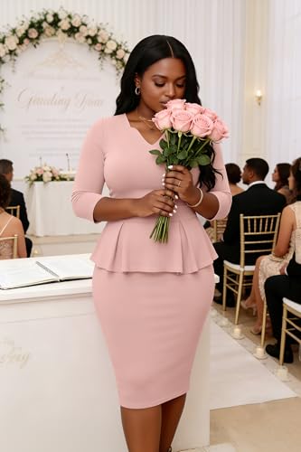 Image of Runwind Plus Size Dresses for Curvy Women, Work Church Professional Office Vintage Peplum Pencil Dress V Neck 3 /4 Sleeve