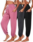 Riyiper 3 Pack Women's Drawstring Sweatpants, Loose Lightweight Yoga Pant Lounge Comfy Stretch Harem Jogger with Pockets 2025(Large,Black, Dark Gray, Pink)