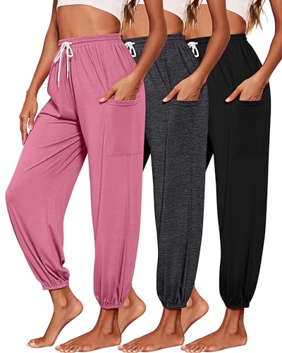 Riyiper 3 Pack Women's Sweatpants, Cozy Yoga Pants with Pockets Casual Harem Lounge Pants Athletic Drawstring Joggers (Black, Dark Gray, Pink,Large)