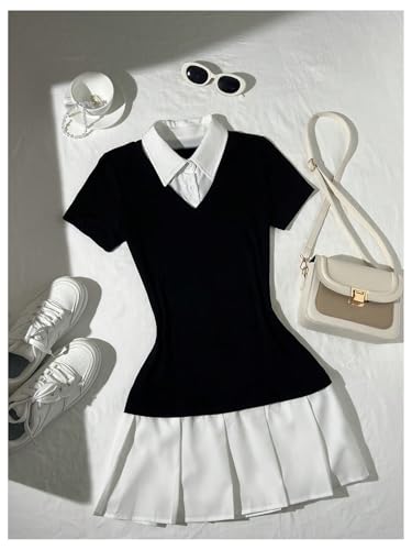 Women's Color Block Pleated A Line Mini Dresses Short Sleeve Fitted Collared Office Work Dress3