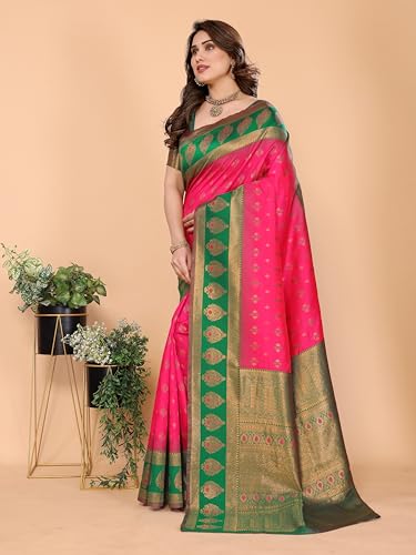Image of Women's Kanjivaram Soft Silk Saree with Unstitched Blouse Piece Banarasi Weave Type and Jacquard Zari Design for Wedding and Parties