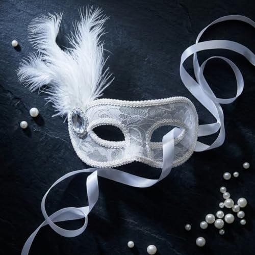 Image of Wanna Party White Lace Feather Eye Mask for Women - Elegant Net Masquerade Party Mask with Feather & Elastic Strap for Halloween, Carnival, Costume & Theme Parties