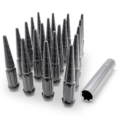 Image of 24 Pc Solid Spline Spike Lug Nuts Kit 14x1.5 Black for 6x5.5 Chevy GMC Silverado Suburban 1500 Dodge Ram 1500 2019+