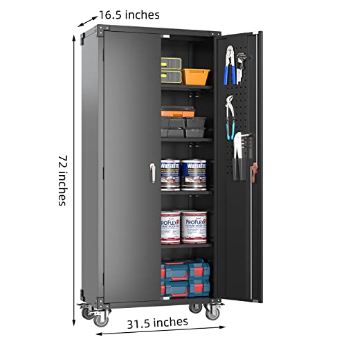 Upgraded Metal Garage Tools Storage Cabinet With Wheels, 72" Tall Lockable File Cabinet With Pegboard & Hooks, Adjustable Shelves For Garage Utility Rooms Assembly Required(Black) #TOP2