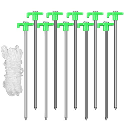 Heavy Duty Steel Tent Stakes-10 Pack-Bonus 4x10ft Ropes