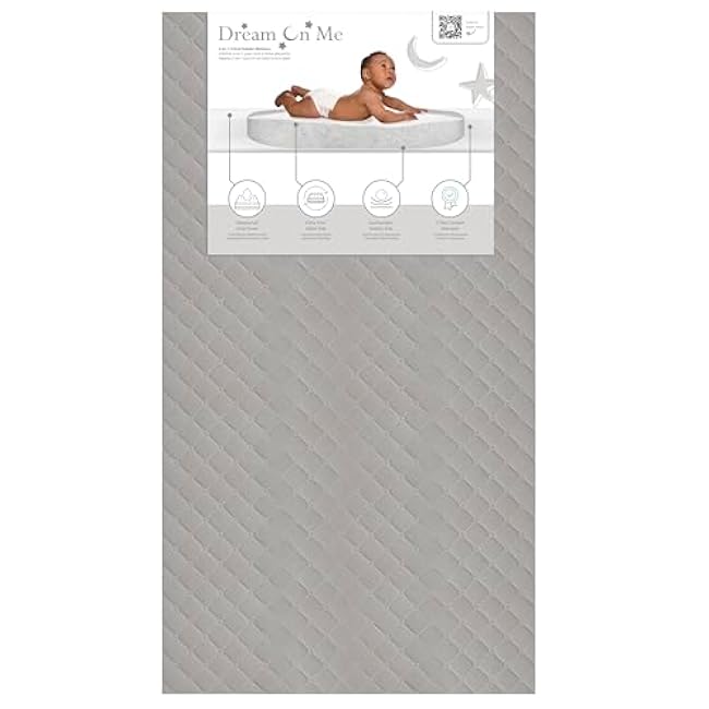 Dream On Me Asheville 4¡± Firm Fiber Crib & Toddler Bed Mattress, Dual-Sided, Waterproof, Greenguard Gold Certified, Lightweight, Reversible Design, Grey Embossed Vinyl Cover