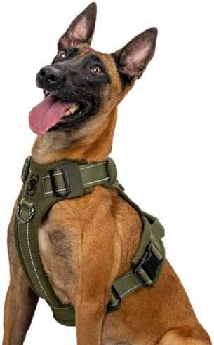 OneTigris Hundegeschirr, Diesel Einstellbar Taktisches Geschirr Weich Gepolstert Brustgeschirr für mittelgroße und große Hunde mit Reflektierend, 1 Griff, 3 D-Ringe (Grün, XL)