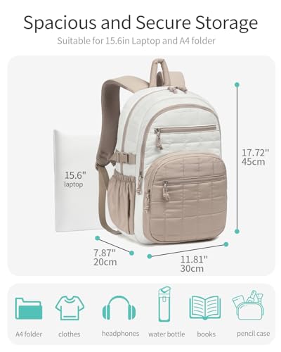 Image of Laptop Backpack for Women, College Bookbag with Tumbler Holder Pocket for Nurse Teacher Work Travel, Quilted Puffer High School Backpack for Girls Big Student, White Camle