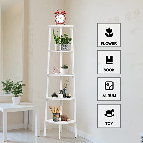 5 Tier Corner Shelf Stand, Corner Ladder Shelf Wood Display Rustic Bookshelf With Metal Frame Anti-Tilt Design Multipurpose Plant Stand For Living Room, Kitchen, Home Office (White, 62.3 Inch) #TOP4