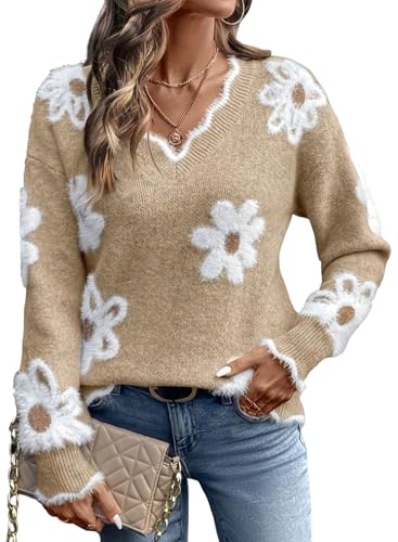 Dokotoo Sweaters for Women Long Sleeve V-Neck Flower Printed Casual