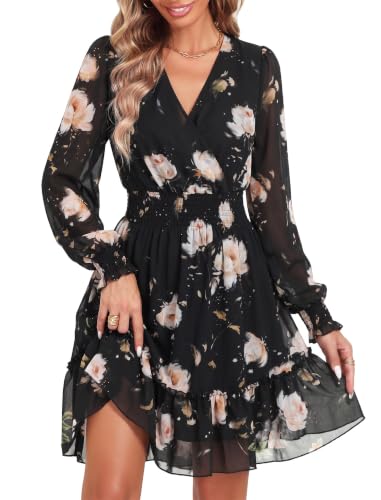 Image of Prettywear Women's Chiffon Long Sleeve Wrap Neck Wedding Guest Mini Dress | Wrap V Neck Smocked Waist Flowy Dress, Spring Fall Outfits for Cocktail, Vacation, Date Night Party