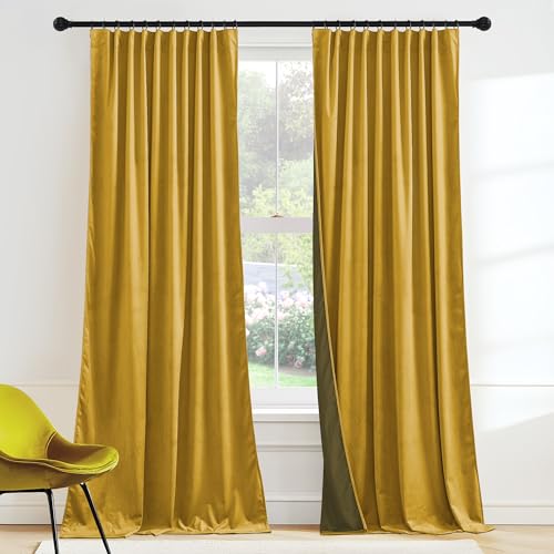 Image of RYB HOME Mustard Yellow Velvet Curtains 90 inches for Bedroom Living Room | Thermal Insulated, UV Privacy Blocking, Energy Efficient, Noise Reducing, Back Tab, Guest Room Office, W 52 x L 90, 2 Panels