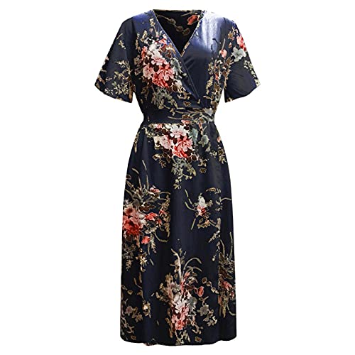 Plus V-Neck Floral Summer Size Sleeve Women's Maxi Dress Short Boho Party Print Women's Dress Plus Size Dresses (Navy-F, Xxl) #TOP4
