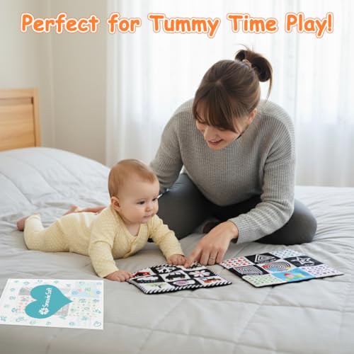 Image of SNOWIE SOFT 3Pcs Tummy Time Toys for Babies, Colored Baby Toys for 6 to 12 Months with 9-Grid Double-Sided Cartoon Printed Crinkle Fabric Handkerchief for Visual Sensory Development, Washable