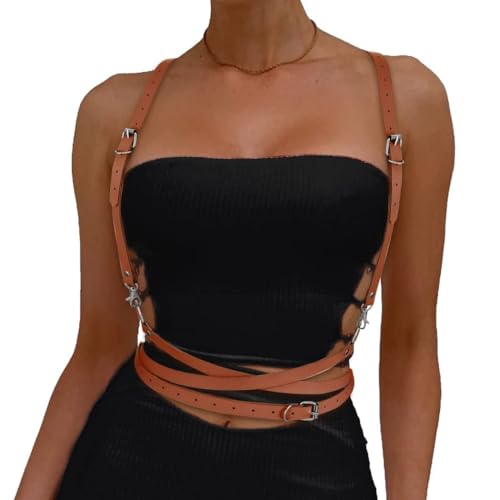 AOWVUTS Punk Cinturón de Arnés de Cintura para Mujer Cuerpo de Cuero Ajustable Gótico PU Cadena de Pecho Cinturón Joyería Corporal para Cosplay Rave Disfraz de Halloween (Marrón)