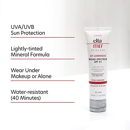 Eltamd Uv Luminous Tinted Face Sunscreen And Primer, Spf 41 Rosy Tinted Mineral Sunscreen With Zinc Oxide, Ideal For Fair Skin Tones, Blends Seamlessly With Semi Matte Finish, Non Greasy, 1.7 Oz Tube #TOP1