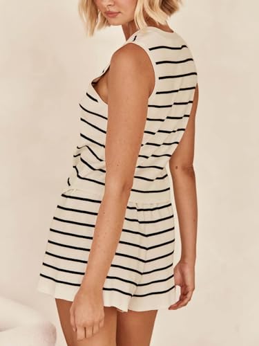 Imily Bela Womens 2 Piece Outfits Summer Striped Casual Lounge Sets Knit Sleeveless V Neck Tops Short Sets3