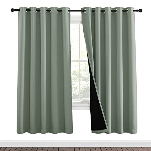 Image of NICETOWN 100% Blackout Window Curtain Panels, Full Light Blocking Drapes with Black Liner for Nursery, 72-inch Drop Thermal Insulated Draperies (Greyish Green, 2 Pieces, 62-inch Wide Per Panel)