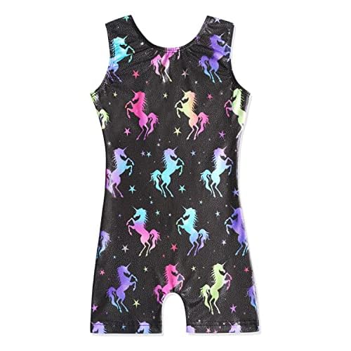 HOZIY Gymnastics Leotards with Shorts for Girls Toddlers Kids Biketard Tumbling Outfits Sparkle Unicorn Leopard Galaxy 5-6 Years Colorful Starry Unicorn