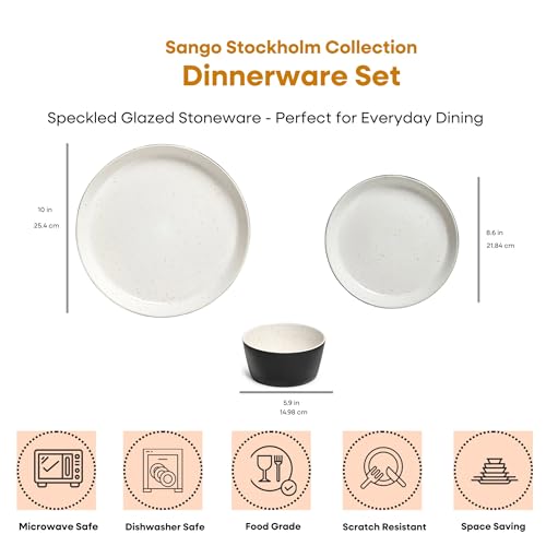 Image of Sango 12-Piece Stoneware Dinnerware Set for 4, Modern White & Black Plates and Bowls Sets with Speckled Glaze, Durable Kitchen Ceramic Dish Set, Microwave & Dishwasher Safe Everyday Dishes, Stockholm