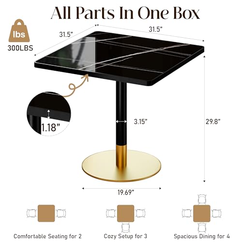 Image of Square Dining Table,31.5''Small Modern Square Dining Table,Sintered Stone Tulip Tables for 2-4 with Aluminum Alloy Edge&Black Metal Base,Bistro Tables for Restaurants /Small Spaces /Marble Black Gold