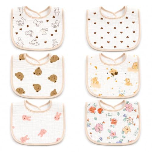 Image of BabyGo Muslin Bib Set of 6 Ultra-Soft & Absorbent Bibs with Adjustable Snap Buttons | Breathable | 6 Layer Waterproof Backing for Drooling | Teething & Feeding | 0-24 Months | MultiColor (Pack of 6)