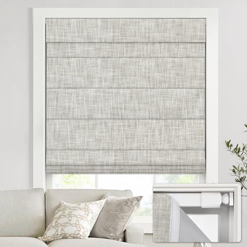 UNISHADES no Drill Cordless Roman Shades for Windows, 31' W × 64' H - 100% Blackout - Linen - Beige