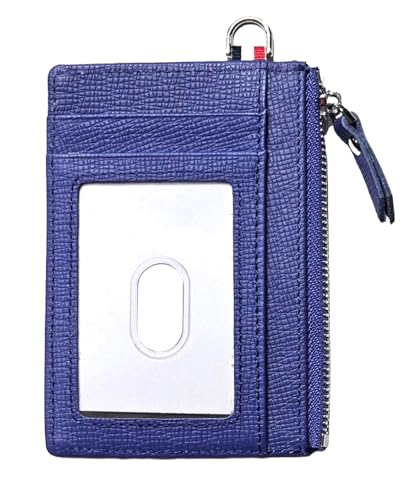 Genuine Saffiano Leather Front Pokcet Slim Minimalist Wallet, ID Badge RFID Card Case with Zipped Pocket (Royal Blue Holder)
