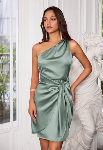 GRACE KARIN Women Satin Dress Cocktail One Shoulder Sleeveless Tie Waist Party Mini Dresses - Image 7