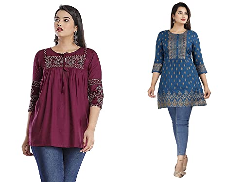 Image of Shiva Fab Short Kurti for Women | Embroidered Straight Rayon Kurta | Round Neck Full Sleeves Short Kurti for Women's Combo Pack of 2