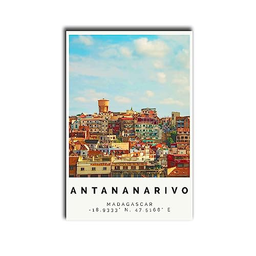 Peinture sur toile murale Madagascar Antananarive - Affiche de voyage colorée - Impression colorée - Art mural Antananarive - Décoration de cuisine, maison, salle à manger - 30,5 x 45,7 cm - Sans