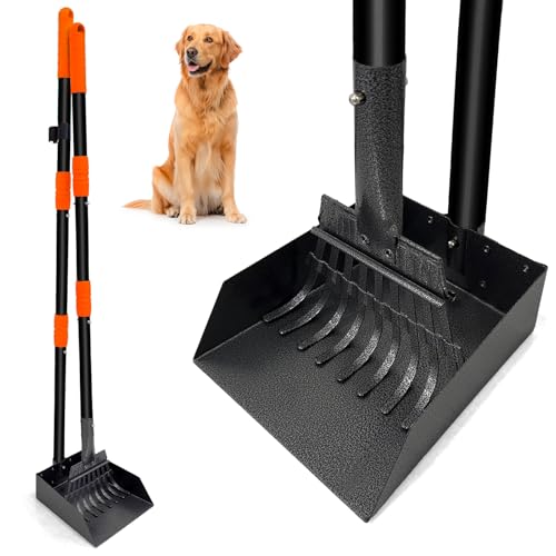 Niubya Ramasse crottes pour Chiens - Pelle métallique à Manche Long réglable (jusqu'à 96 cm), Pooper Scooper kit avec bac et râteau pour faciliter Le ramassage des déchets Animaux, Lot de 2